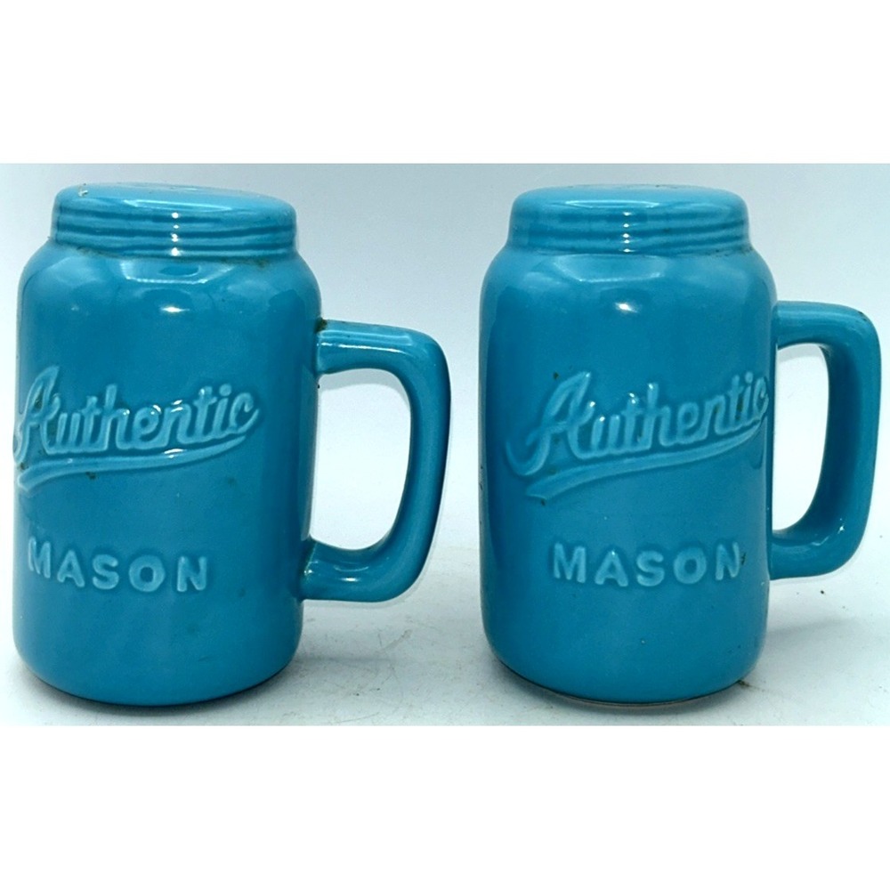 Mason Ceramic Turquoise Salt & Pepper Shakers Jars Spice Decor Farm House